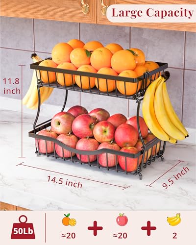 Large 2 Tier Fruit Basket for Kitchen Counter with 2 Banana Hangers