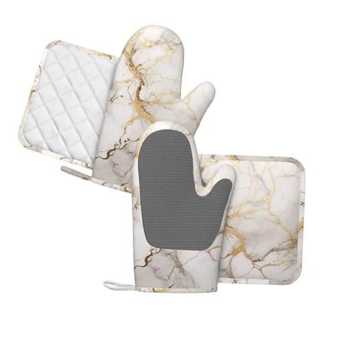 Oven Mitts and Pot Holders Marble Gray Gold White Silicone Kitchen Accessories Set of 4 Heat Resistant Long Gloves Potholder Non (A063211)