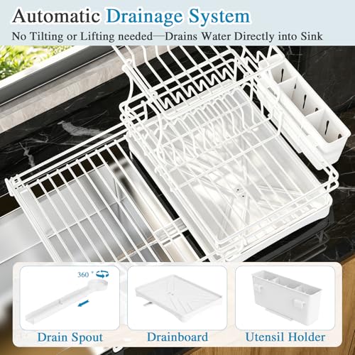 2 Tier Dish Drying Rack (White / 2-Tier Dish Rack 16.7"W X 14.8"H 12.8"-20.8")