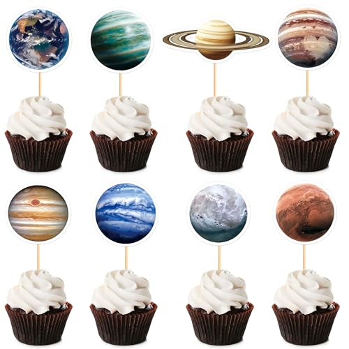 40 Pack Edible Space Astronaut Cupcake Toppers Solar System Galaxy Universe Planets Glutinous Rice Paper Outer Space Planet Themed Birthday Party Cake Decorations Supplies
