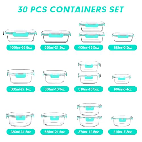 30 Pieces Glass Food Storage Containers Set with Lids (Green / 30 Pieces)