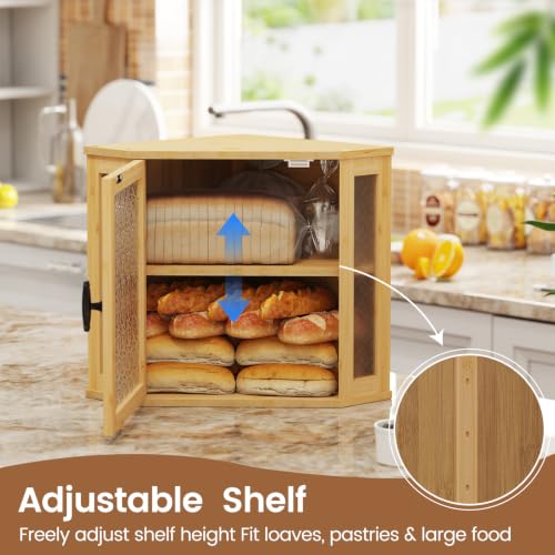 Corner Bread Box for Kitchen Countertop Double Layer Bamboo Wood Large Capacity Bread Storage Container Retro Vintage Farmhouse (Natural / Medium)