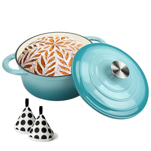Cast Iron Dutch Oven 4.5 Quart Enameled Cast Iron Dutch Oven Pot with lid Heavy Duty Dutch Oven Dual Handles Porcelain Enameled Cast Iron Pot for Baking Braiser Cooking Family or Friends Gifts (Teal / 4.5QT)
