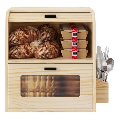 Roll Top Bread Box for Kitchen Countertop (Wood Color)