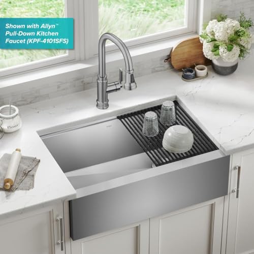 Kore 30 Inch Farmhouse Workstation with In Sink Dish Drying Rack (30 Inch / Flat Farmhouse / Stainless Steel)