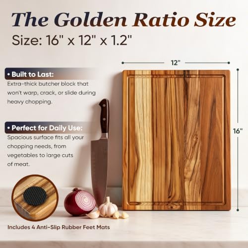 Teak Wood Cutting Board 16" x 12" Thick Wooden Cutting Boards for Kitchen (16.1"L x 12"W)