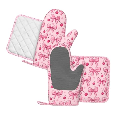 Oven Mitts Pot Holders Set Pink Bows Cherry Silicone Kitchen Gloves Potholders Heat Resistant for Chef Baking Cooking Grilling BBQ 4 Pack Mitt (B018)