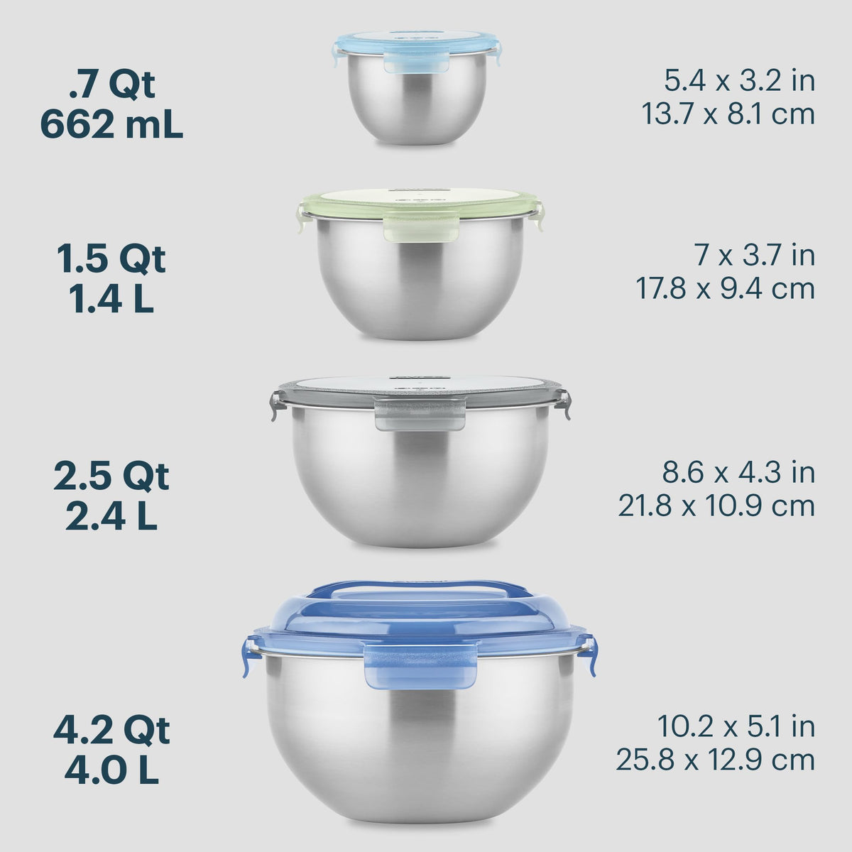 4 Pack Metal Stainless Steel Mixing Bowls with Airtight Locking Lids (4-Pack)