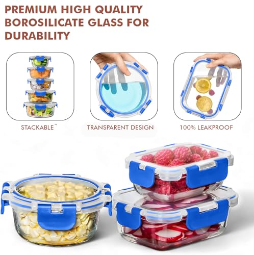 30 PC Glass Food Storage Containers with Lids (Blue)