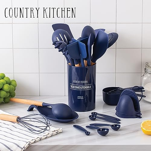 Non Stick Silicone Utensil Set with Rounded Wood Handles for Cooking and Baking (38 Piece Set / Navy)
