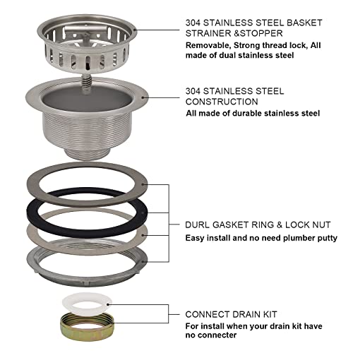 3.5 Inch full SUS304 Kitchen Sink Drain Strainer Assembly with Strainer Basket And Drain Stopper