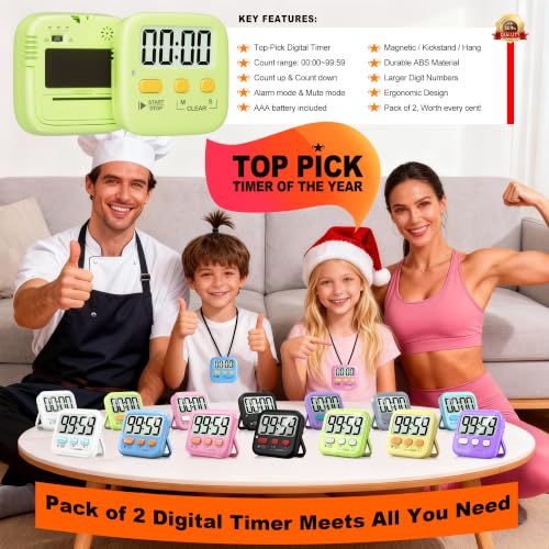 2 Pack Digital Timer for Kids Classroom Kitchen Timers for Cooking (1 * Light Green)