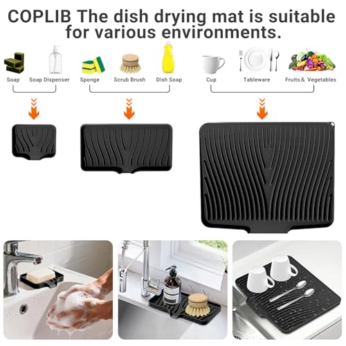Silicone Dish Drying Mat for Kitchen counter (Black-Set / 19.7" x 17")