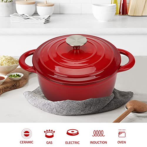 5 QT Enameled Cast Iron Dutch Oven with Lid for Stews and Roasts (Red / 5QT)