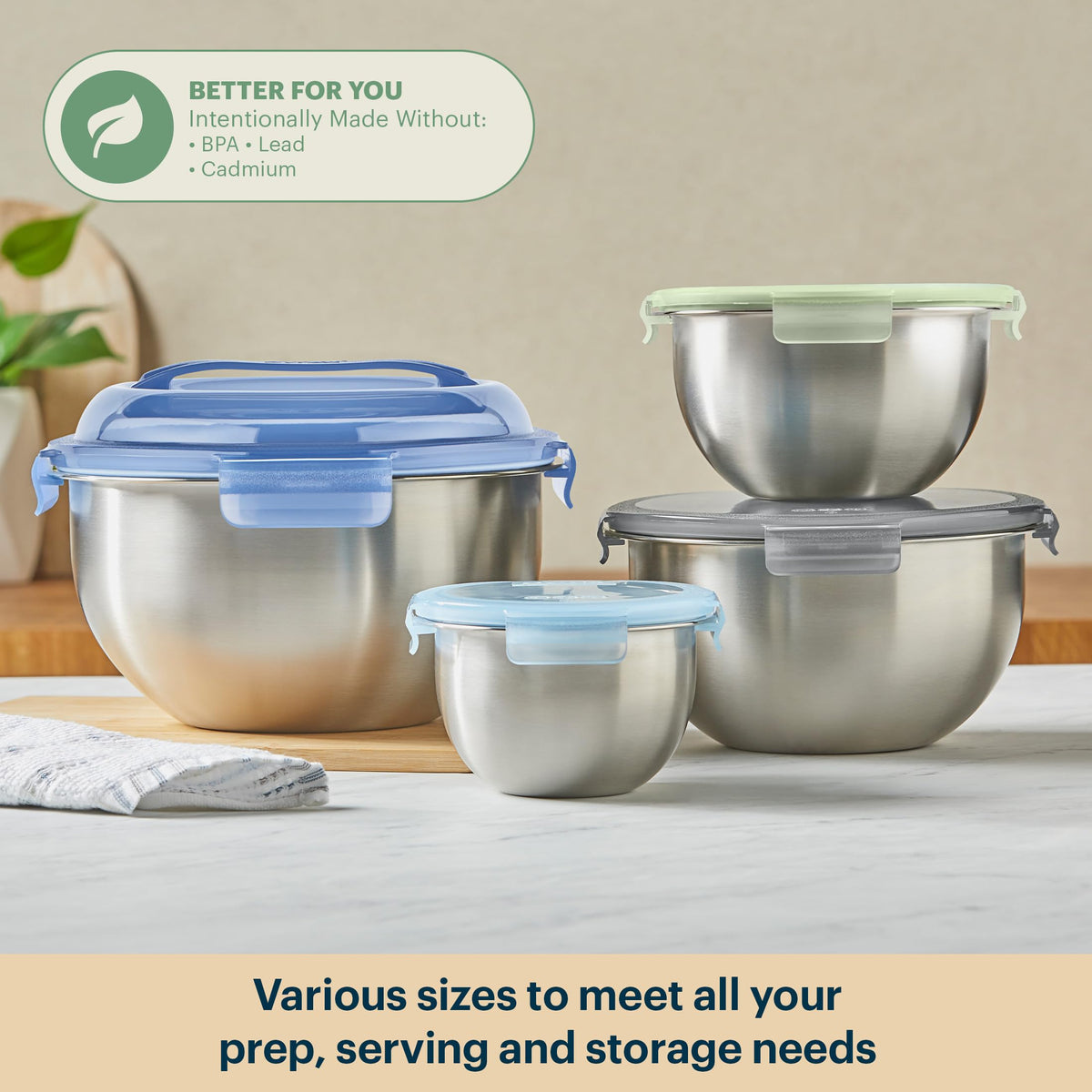 4 Pack Metal Stainless Steel Mixing Bowls with Airtight Locking Lids (4-Pack)
