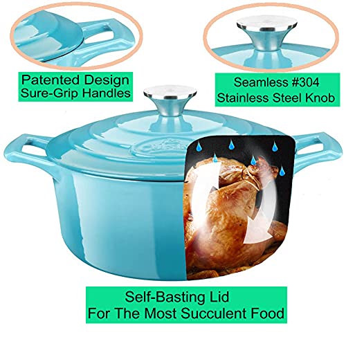 La Cuisine Enameled Cast Iron Dutch Oven Casserole Dish Pot with Lid (3.7 QT Round / Teal)