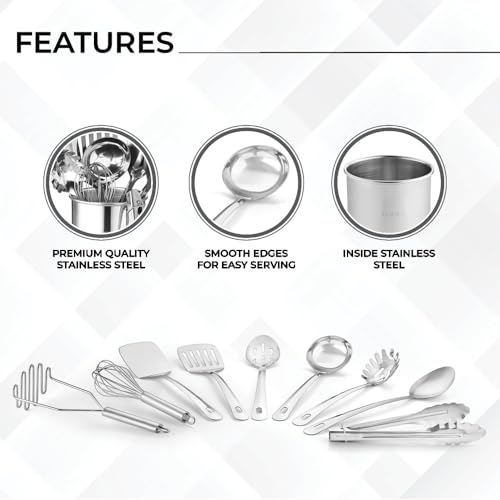 Premium Set of 10 Stainless Steel Kitchen Tool Set with Holder Easy To Clean
