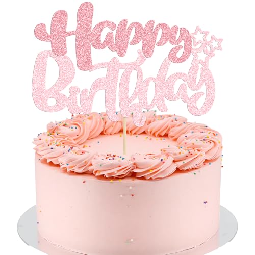 24Pcs Happy Cupcake Toppers Double Layer Glitter Cake Decorations for Baby Shower Kids Boys Girls Birthday Anniversary Party Supplies Pink Light Pink