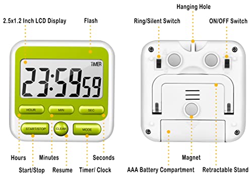 4-in-1 Digital Timer with Count Up/Down, Clock & Alarm, Ring & Silent Modes (Green)