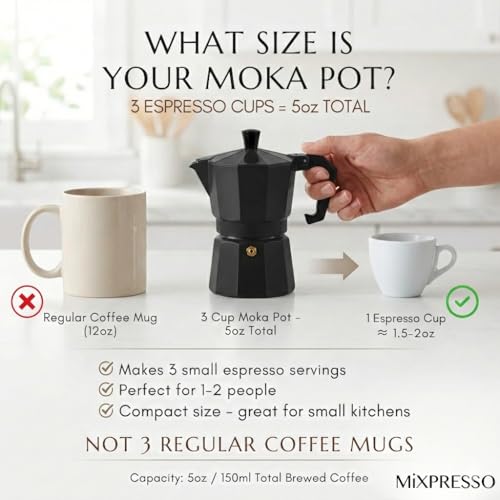3 Cup Moka Pot Stovetop Espresso Maker (Black / 3 Espresso Cups)