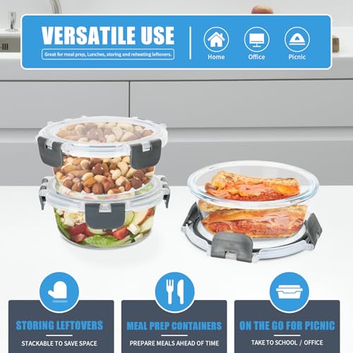 12 Pack 13oz Small Round Glass Food Storage Containers with Lids (13oz, 12 Pack - Grey Set, Same Size)