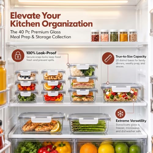 40 PC Set Leakproof Glass Food Storage Containers with BPA Free Lids (White)