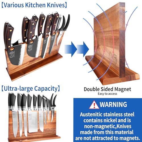Extra Large Magnetic Knife Block Acacia Wood Knife Set Holder Stand With Stronge Magnetic Strip Kitchen Knives Storage Rack Organizer Tools No Drilling (dark wood color / 15.5*8.7 inch without board)