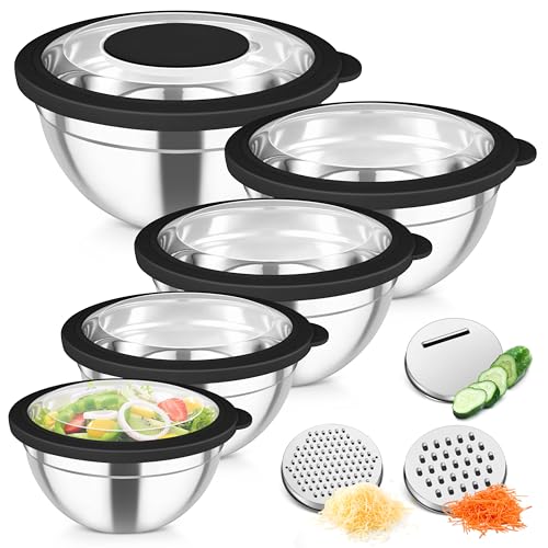 Stainless Steel Mixing Bowls with Transparent Lids & Graters Set