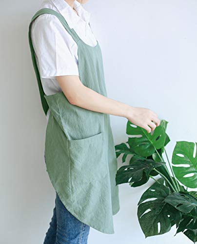 Japanese Cotton Linen Cross Back Cooking Apron for Women Men with Pockets Cute for Baking Kitchen
