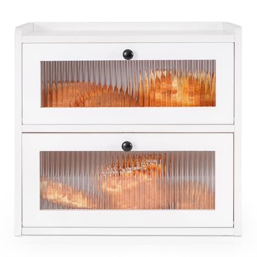 Bread Box for Kitchen Countertop Wooden Bread Storage Container Bin 2 Layer Breadbox Holder Large Capacity Keeper Vintage Farmhouse Food Organizer Pantry Shelf Acrylic Window