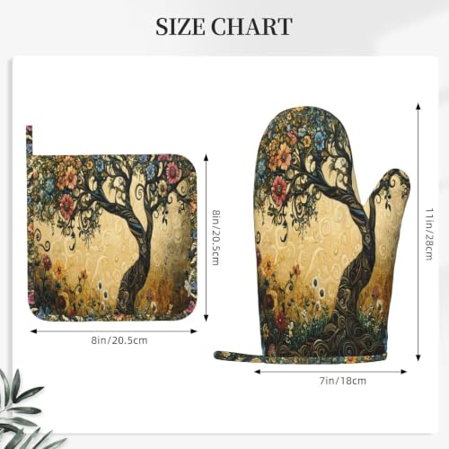 Oven Mitts Pot Holders Set Whimsical Flower Tree Silicone Kitchen Gloves Potholders Heat Resistant for Chef Baking Cooking Grilling BBQ 4 Pack Mitt (A0615)