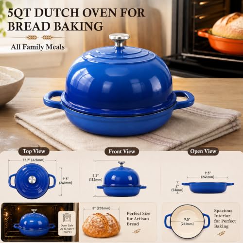 5QT Enameled Cast Iron Dutch Oven for Sourdough Bread Baking (Blue)