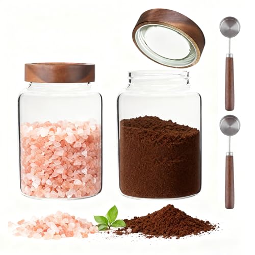 Glass Coffee Jars Spice Jar Round Storage Canister with Wooden Lid Clear Glass Food Jar for Pantry Sugar Tea Coffee Bean Spice Nuts Cookies Bath Salts