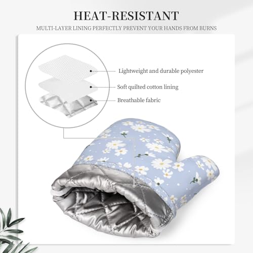 Oven Mitts Pot Holders Set Daisy Flower Pastel Silicone Kitchen Gloves Potholders Heat Resistant for Chef Baking Cooking Grilling BBQ 4 Pack Mitt (C07)