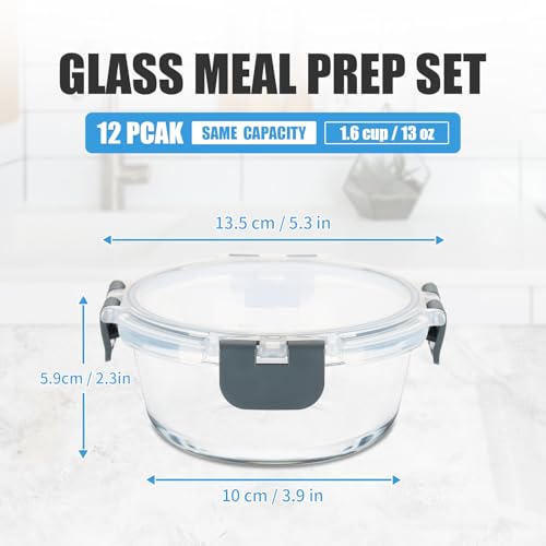 12 Pack 13oz Small Round Glass Food Storage Containers with Lids (13oz, 12 Pack - Grey Set, Same Size)