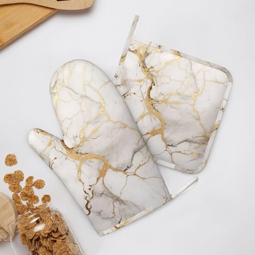 Oven Mitts and Pot Holders Marble Gray Gold White Silicone Kitchen Accessories Set of 4 Heat Resistant Long Gloves Potholder Non (A063211)