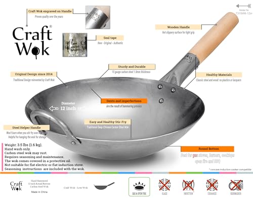 Traditional Hand Hammered Carbon Steel Pow Wok with Wooden and Steel Helper Handle