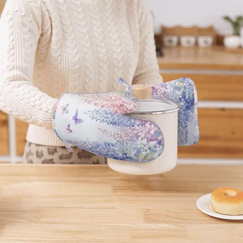 Oven Mitts and Pot Holders Botanical Flower Butterfly Silicone Kitchen Accessories Set of 4 Heat Resistant Long Gloves Potholder Non (A094)