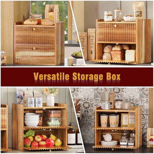Rustic Bread Box for Kitchen Countertop Bamboo Bread Storage Container Bin Double Layer BreadBox Farmhouse Large Capacity Food Organizer