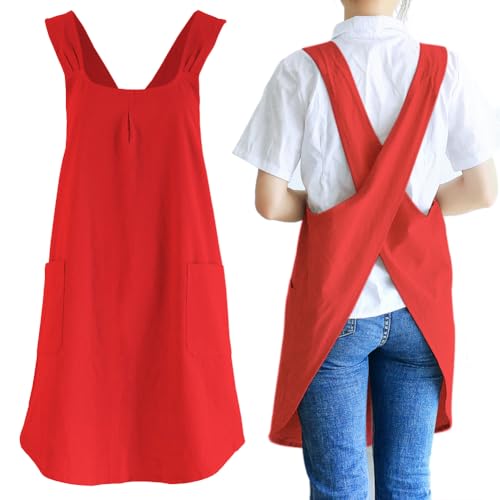 Japanese Cotton Linen Cross Back Cooking Apron for Women Men with Pockets Cute for Baking Kitchen