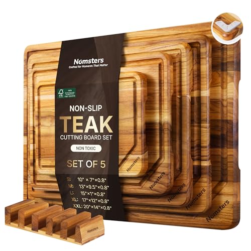 5 Pack Teak Wood Cutting Boards for Kitchen Wooden Chopping Board Non Toxic (Set of 5)