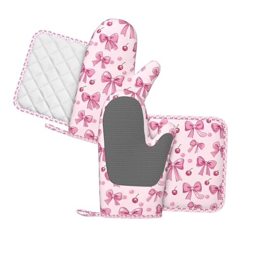 Oven Mitts Pot Holders Set Pink Bow Pattern Cherry Silicone Kitchen Gloves Potholders Heat Resistant for Chef Baking Cooking Grilling BBQ 4 Pack Mitt (B021)