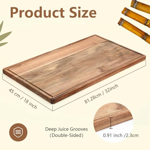 32" x 18" Large Acacia Wood Cutting Boards for Kitchen Wooden Cutting Board with Juice Groove Extra Large Serving Platter Carving Tray for Meat Cheese (Natural / 32" x 18" x 0.9" / Rectangle)