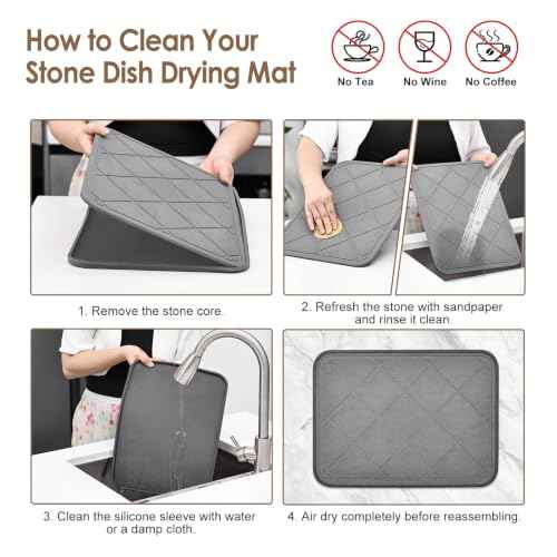Stone Dish Drying Mat with Silicone Sleeve (Grey - Grid Pattern - 2 PCS / 15.7" x 11.8")