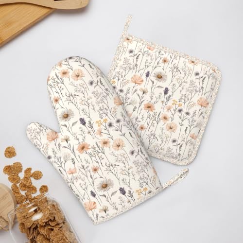 Oven Mitts and Pot Holders Set Vintage Botanical Flower Leaf Silicone Kitchen Accessories 4 Piece Heat Resistant Long Gloves Potholder Non (C09)