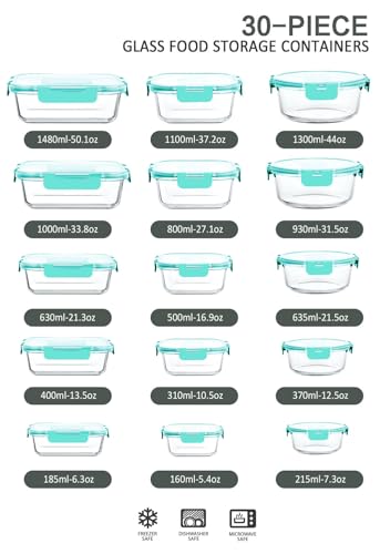 30 Piece Extra Large Glass Food Storage Containers with Lids (Green)