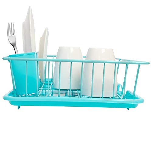 Dish Rack Drainer with Drying Board and Utensil Holder (Turquoise)