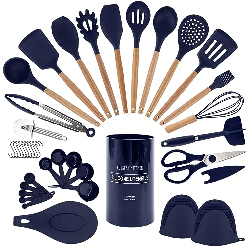 Non Stick Silicone Utensil Set with Rounded Wood Handles for Cooking and Baking (38 Piece Set / Navy)