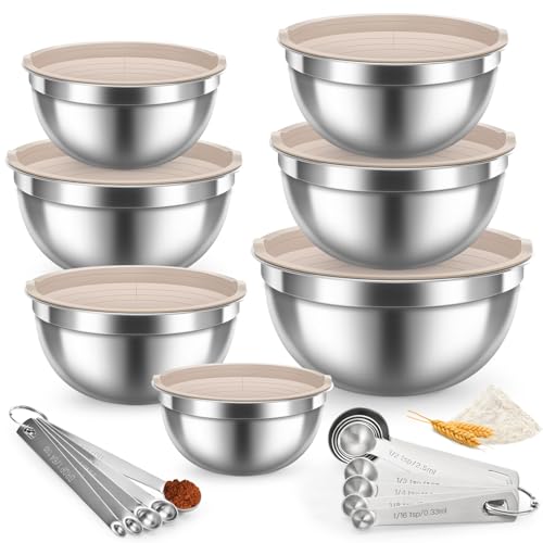 Stainless Steel Mixing Bowls with Lids (Khaki / 7+14 - Bowls & Spoons)
