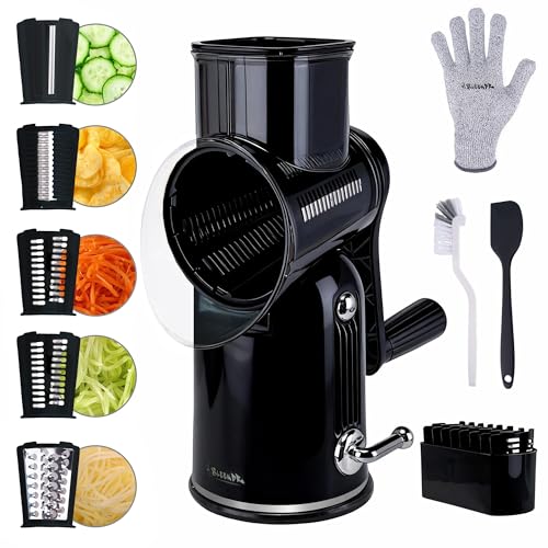 5-in-1 Rotary Cheese Grater Vegetable Slicer with Handle - Upgraded Hand Crank Cheese Grater with Handle and Strong Suction Base, Multi-Purpose Slicer with 5 Blades